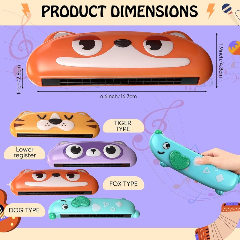 Lukmaa 4 Pcs Harmonica for Kids Beginners Toddler Musical Instruments Toys 16 Hole Harmonica Easy to Learn C Key Cute Dog Tiger Fox Raccoon Mouth Organ Set Educational Toys for Baby Over 3 Years Old - Image 3